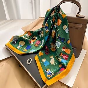 Parisian Cat Print Silk-Feel Green Square Scarf, 27.5 Inches | New With Tags
